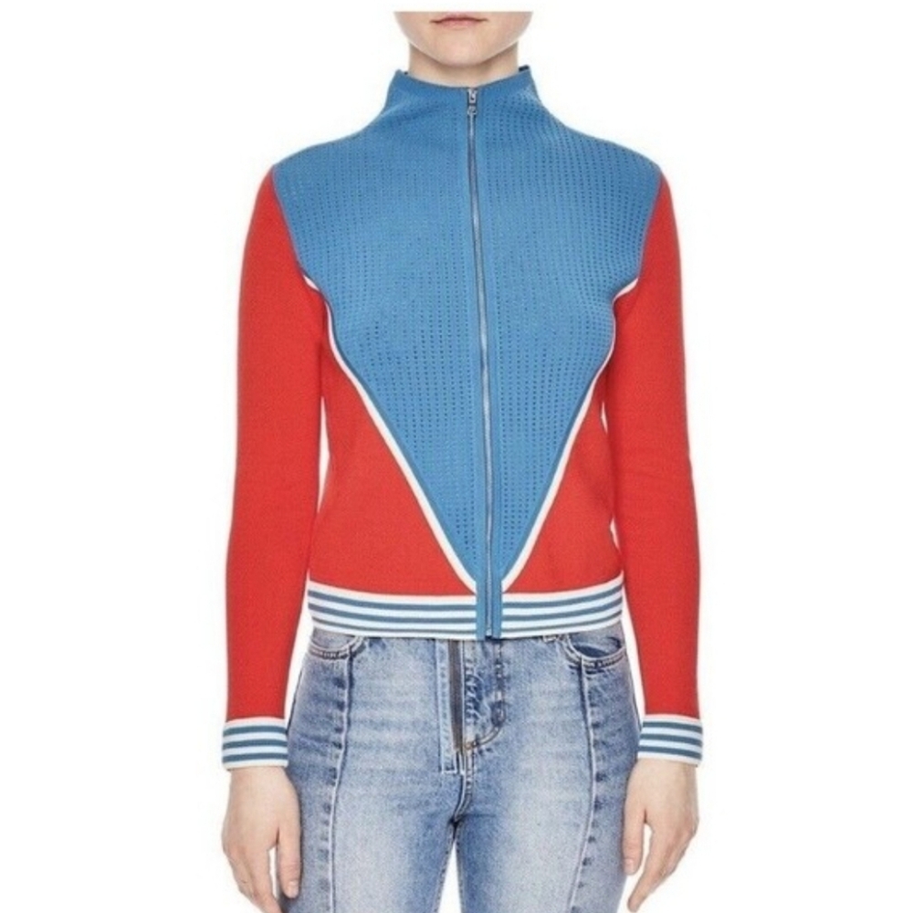 Pre-owned Sandro Paris Aiden Color Block Zip Cardigan Sweater in Red & Blue Sz 3
